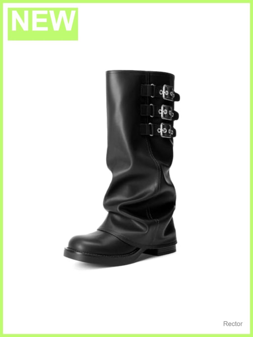 Faux Leather Fold-Over Knee High Moto Boots Square Toe Pull-On